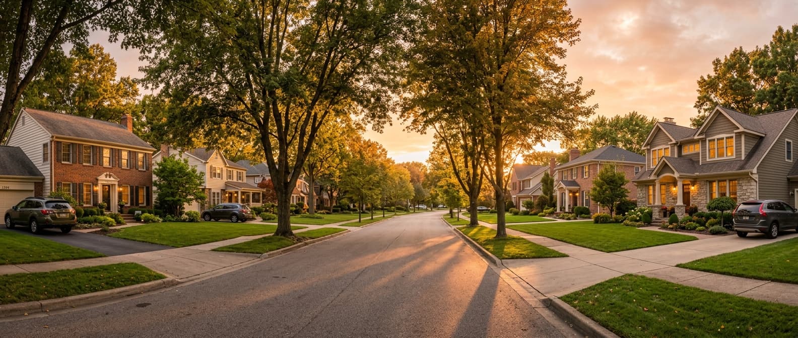 Suburban neighborhood at golden hour